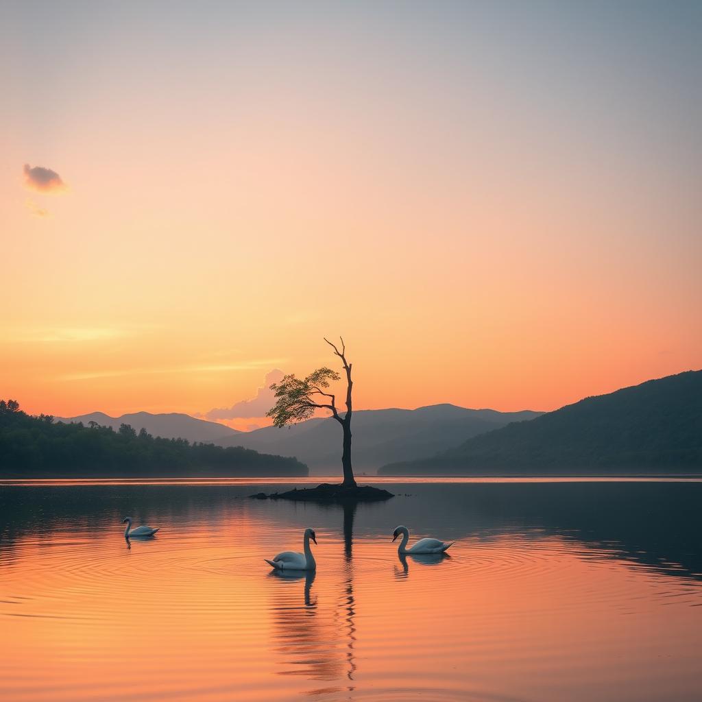 A warm and inviting sunrise in a tranquil landscape, showcasing a serene lake surrounded by lush green hills