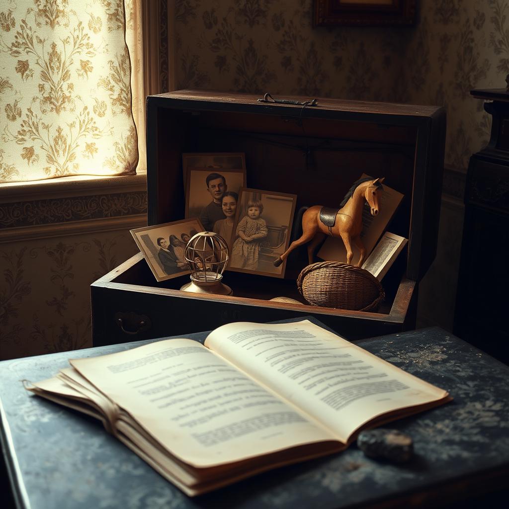 An ancient wooden chest slightly ajar, emanating a warm light, illuminating Elena's most cherished memories