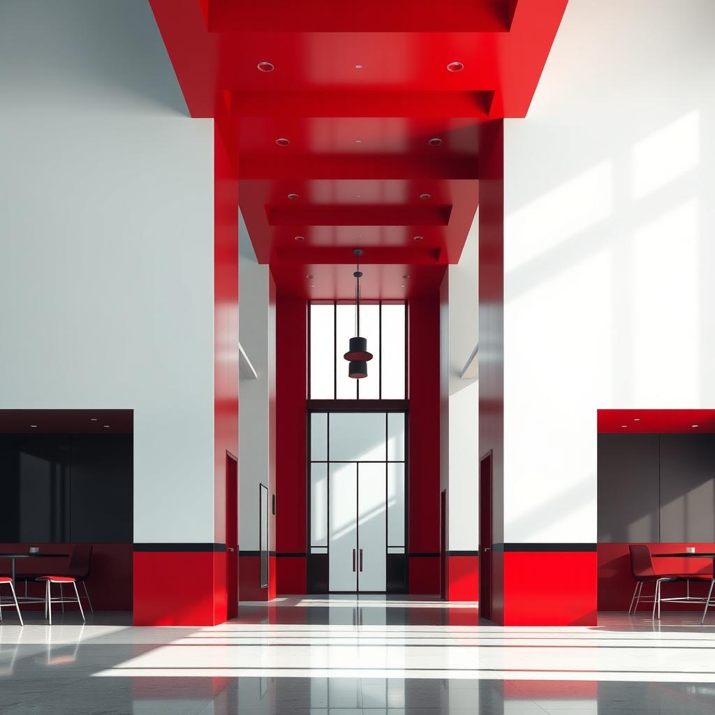 A modern, stylized architectural interior of a public restaurant, featuring a minimalist and geometric design with clean lines and bold color combinations