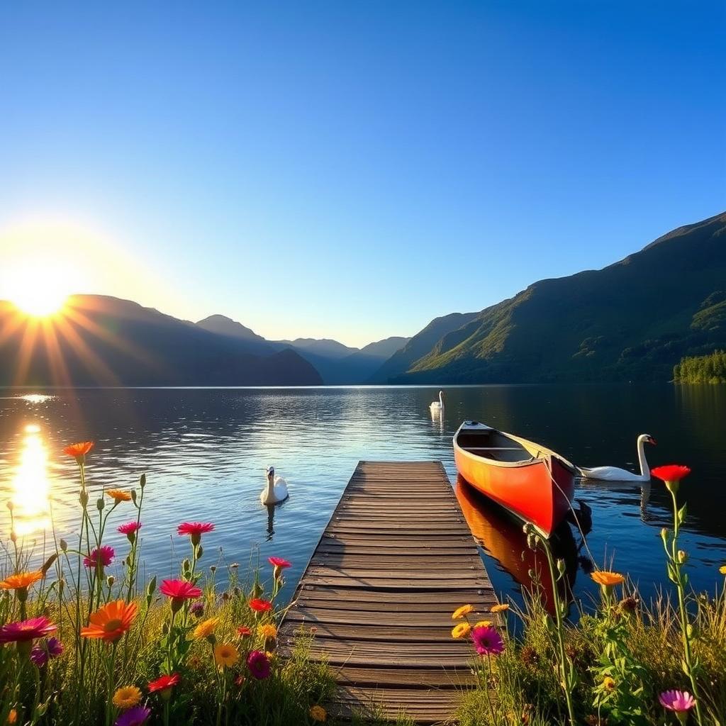 A serene and picturesque landscape featuring a tranquil lake surrounded by lush green mountains under a clear blue sky