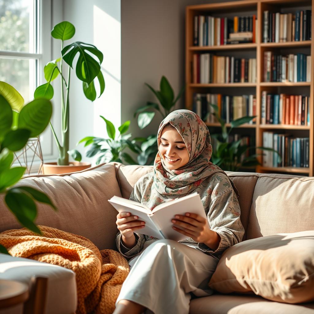 A serene and cozy interior scene featuring a young woman wearing a colorful hijab, comfortably seated on a plush couch