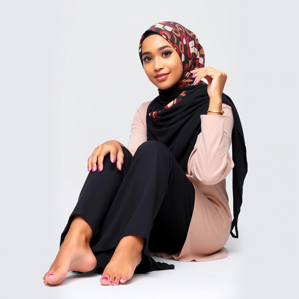A fashionable hijabi woman sitting gracefully, showcasing her stylish outfit with a vibrant, patterned hijab