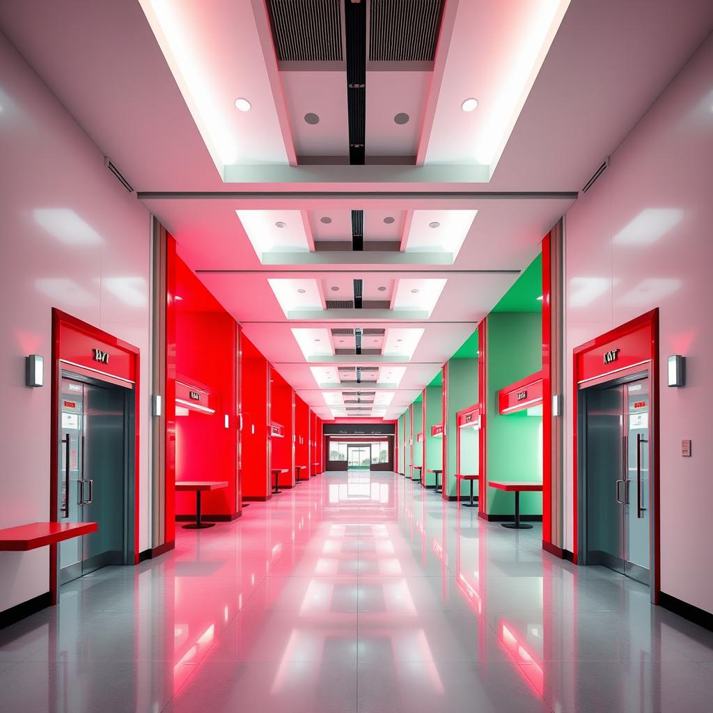 A modern, stylized architectural interior of a public restaurant, featuring minimalist and geometric design with clean lines and bold color combinations