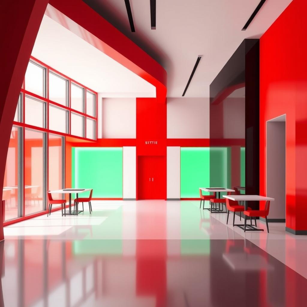 A modern, stylized architectural interior of a public restaurant, featuring one side with full height windows and a 4m high ceiling