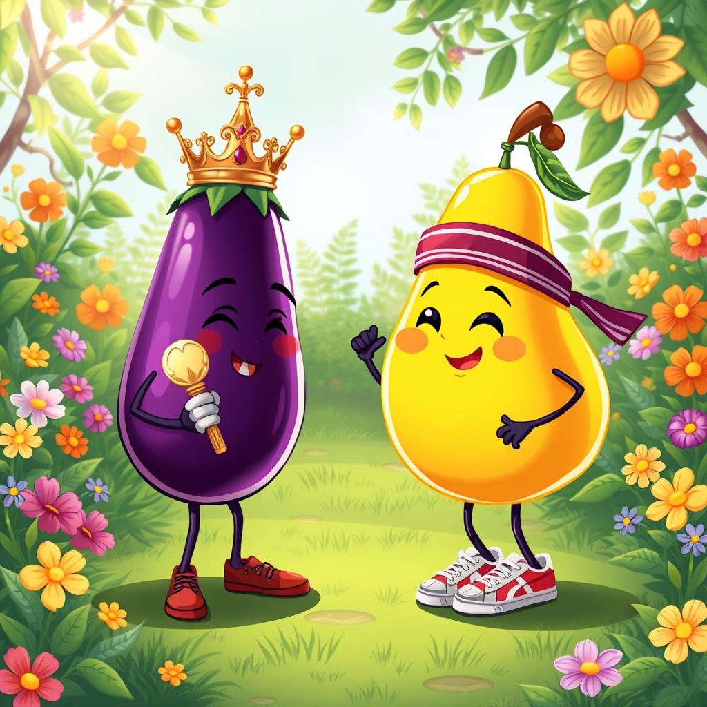 A colorful and vibrant illustration featuring two anthropomorphic fruits in a friendly competition: a mischievous eggplant (berenjena) wearing a tiny crown and holding a scepter, showcasing its royal flair, against a bright yellow pear (pera) with a sporty headband and sneakers, ready to challenge