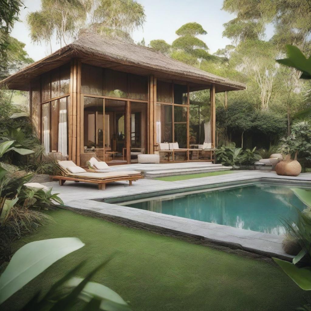 Elevate the Joglo-Scandinavian retreat to a two-story marvel, incorporating traditional bamboo and rattan decor. Maintain large windows for natural light, enrich the vintage fireplace, integrate a balcony overlooking the pool and garden, and enhance the outdoor area with bamboo lounges under rattan canopies.