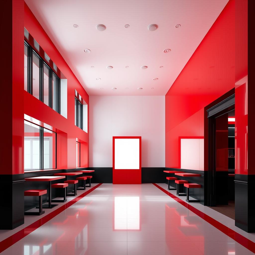 A modern, stylized architectural interior of a public restaurant, featuring one side with full height windows and a 4m high ceiling