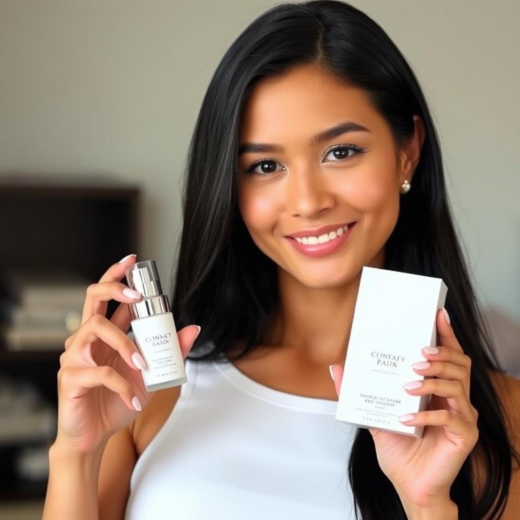 A confident woman with long black hair, wearing a stylish white tank top, holding two beauty products in white-gray packaging