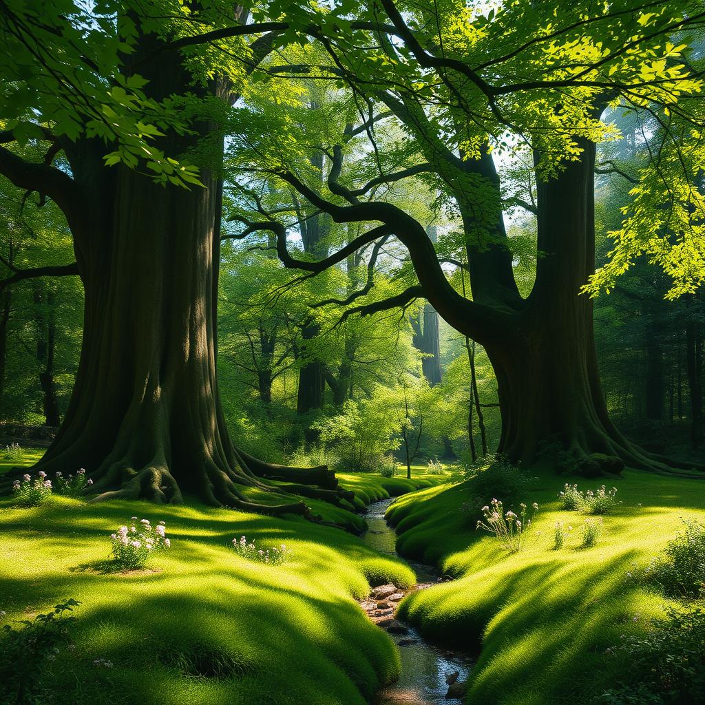 A serene glade in a lush forest, surrounded by tall, ancient trees with vibrant green leaves