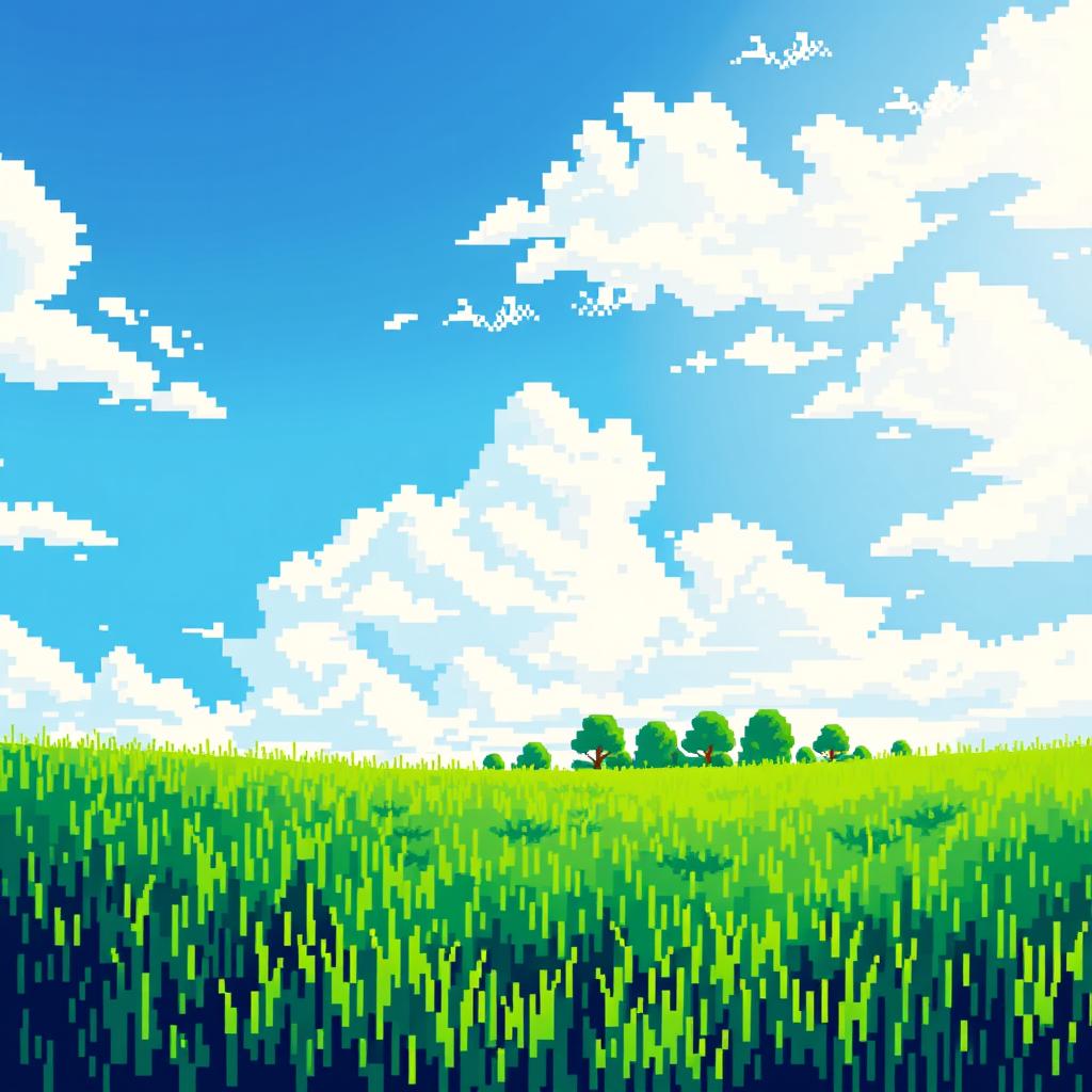 An 8-bit style image featuring a vibrant scene with lush green grass stretching across the foreground, a bright blue sky overhead filled with pixelated clouds, and a row of pixelated trees visible in the background creating a serene landscape