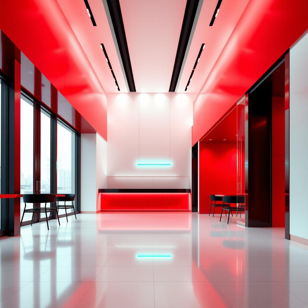A modern, stylized architectural interior of a public restaurant, prominently featuring one side with full height windows and a 4m high ceiling