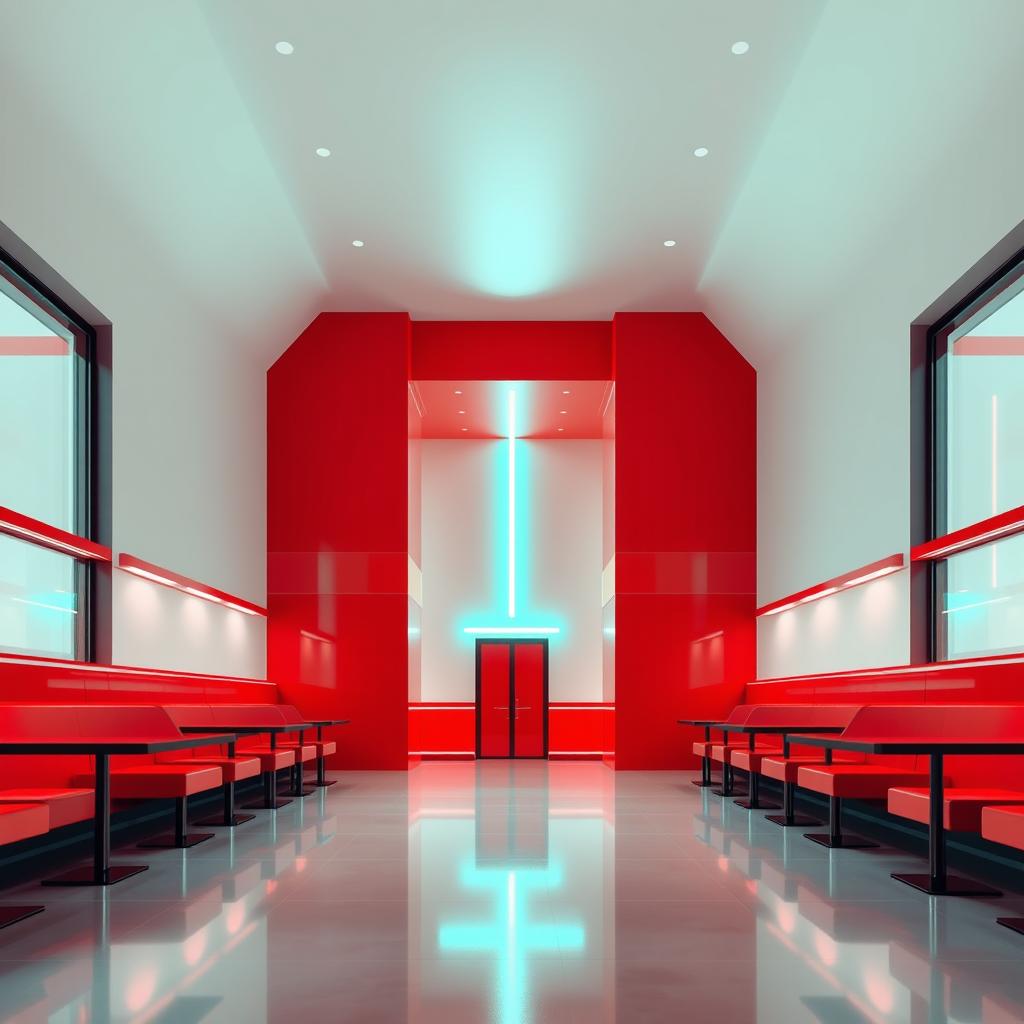 A modern, stylized architectural interior of a public restaurant featuring full height windows on one side and a 4m high ceiling