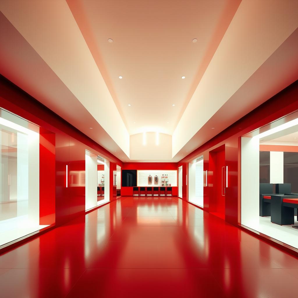 A modern, stylized architectural interior of a public restaurant, featuring one side with full height windows and a 4m high ceiling