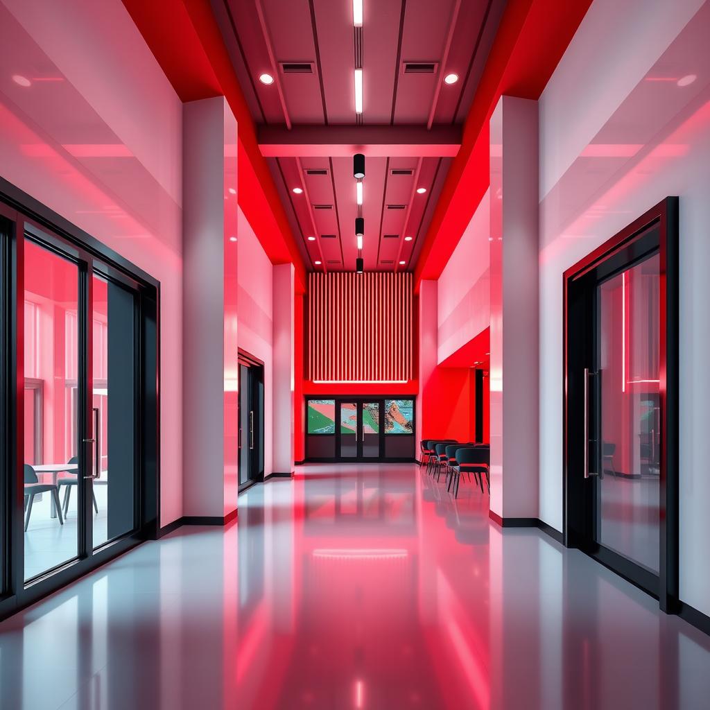 A modern, stylized architectural interior of a public restaurant, featuring one side with full height windows and a 4m high ceiling