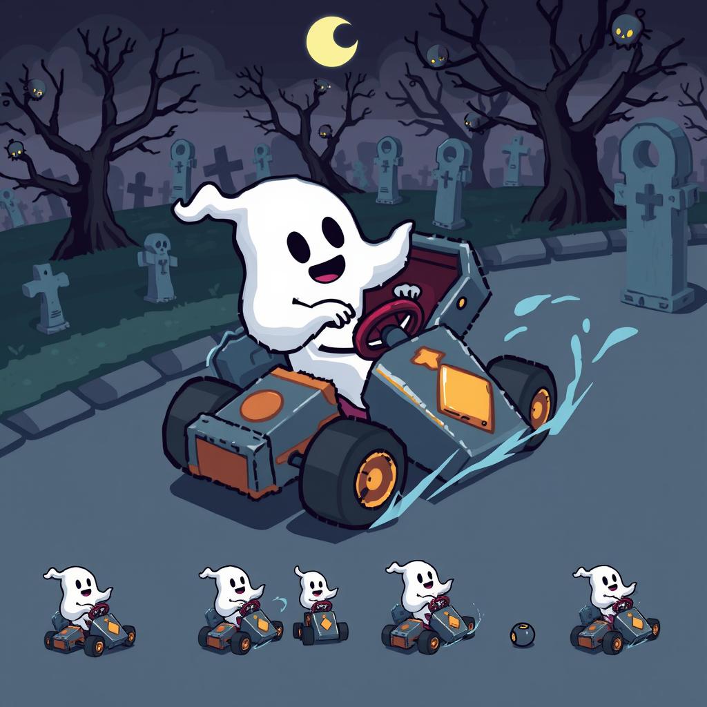 A pixel art spritesheet featuring a go-kart designed to resemble a coffin, with a playful ghost character driving it