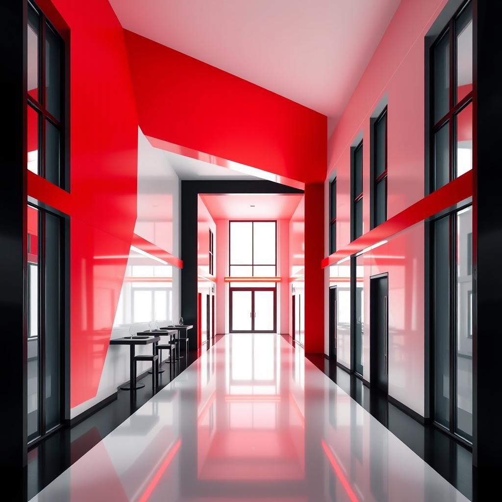 A modern, stylized architectural interior of a public restaurant characterized by full height windows on one side and a 4m high ceiling