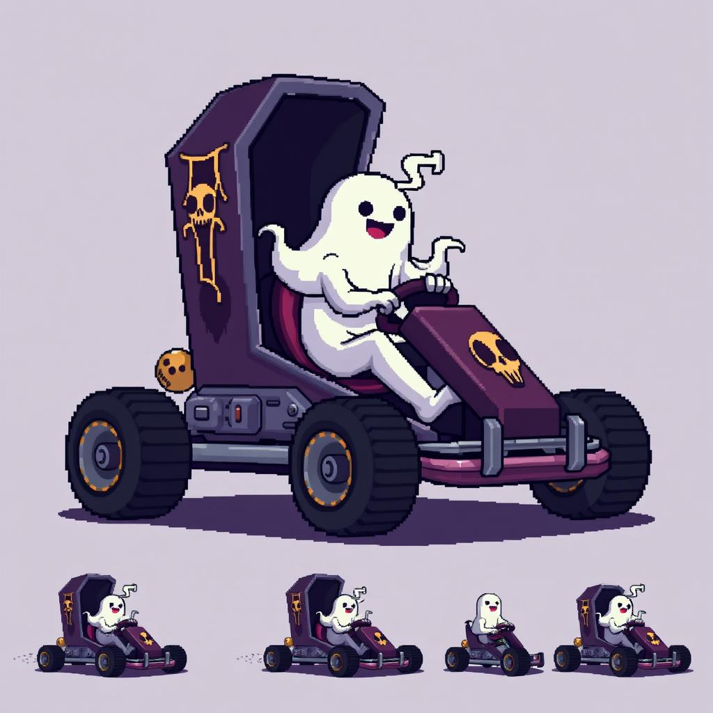 A pixel art spritesheet featuring a go-kart designed like a coffin, with a ghost cheerfully driving it