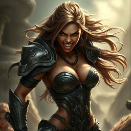A high-quality depiction of a fierce armored warrior woman, showcasing an angry expression with her teeth bared, radiating strength and confidence