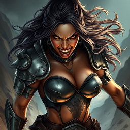 A high-quality depiction of a fierce armored warrior woman, showcasing an angry expression with her teeth bared, radiating strength and confidence
