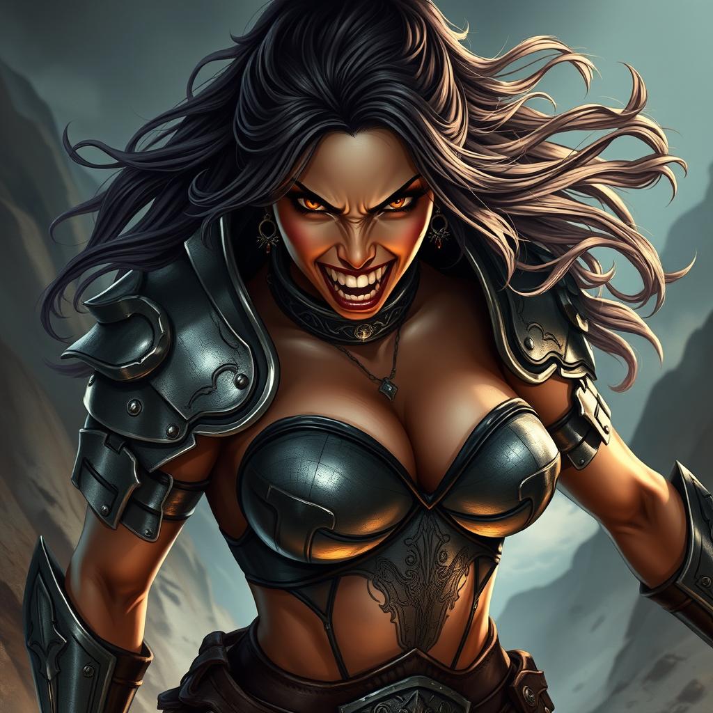 A high-quality depiction of a fierce armored warrior woman, showcasing an angry expression with her teeth bared, radiating strength and confidence