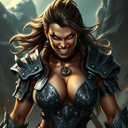 A high-quality depiction of a fierce armored warrior woman, showcasing an angry expression with her teeth bared, radiating strength and confidence