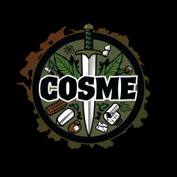 A circular design featuring the letters 'COSME' prominently displayed in a bold, aggressive style, surrounded by symbolic icons such as a dagger, a marijuana plant, and various representations of drugs, all integrated harmoniously within the circle