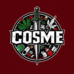 A circular design featuring the letters 'COSME' prominently displayed in a bold, aggressive style, surrounded by symbolic icons such as a dagger, a marijuana plant, and various representations of drugs, all integrated harmoniously within the circle