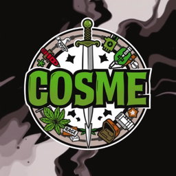 A circular design featuring the letters 'COSME' prominently displayed in a bold, aggressive style, surrounded by symbolic icons such as a dagger, a marijuana plant, and various representations of drugs, all integrated harmoniously within the circle