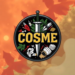 A circular design featuring the letters 'COSME' prominently displayed in a bold, aggressive style, surrounded by symbolic icons such as a dagger, a marijuana plant, and various representations of drugs, all integrated harmoniously within the circle