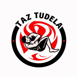A round logo design for a Brazilian Jiu-Jitsu team featuring a prominent depiction of a 'mataleón' (lion killer choke) move, symbolizing skill and technique in the sport
