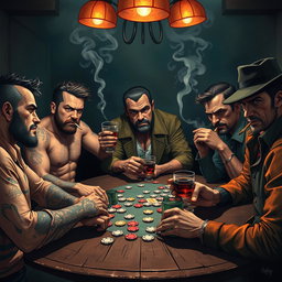 A dynamic scene depicting a group of friends with a rugged look, gathered around a table playing poker