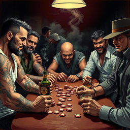 A dynamic scene depicting a group of friends with a rugged look, gathered around a table playing poker