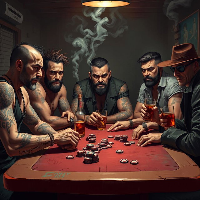 A dynamic scene depicting a group of friends with a rugged look, gathered around a table playing poker