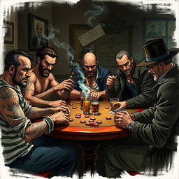 A dynamic scene depicting a group of friends with a rugged look, gathered around a table playing poker