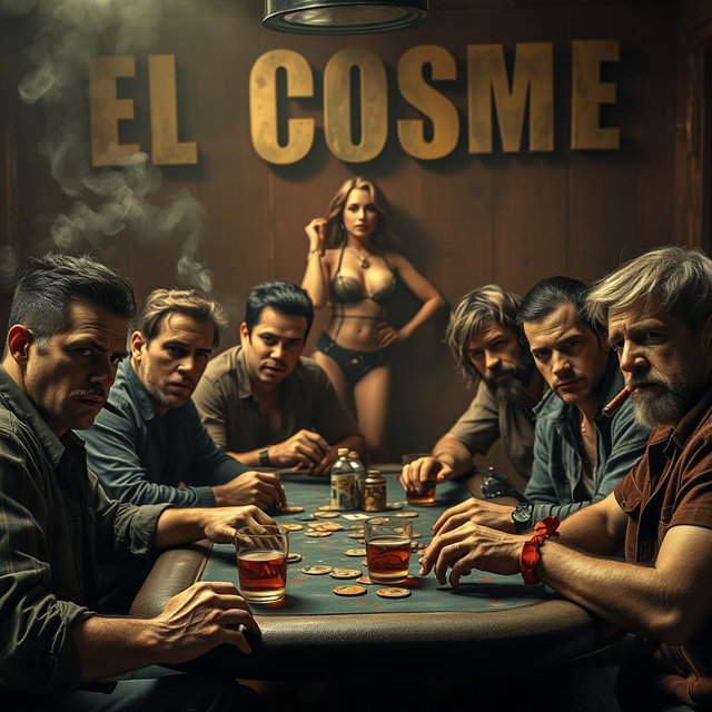 A gritty and vivid scene depicting a group of rough-looking friends, including individuals with a background of incarceration, alcoholism, violence, drug use, and theft, gathered around a poker table