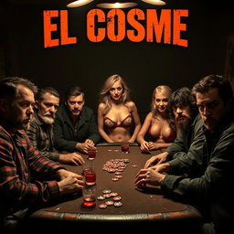 A gritty scene depicting a group of friends with rough appearances—ex-convicts, an alcoholic, a tough character hinting at a violent past, a person showing signs of substance use, and a charming thief—gathered around a poker table