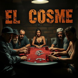 A gritty scene depicting a group of friends with rough appearances—ex-convicts, an alcoholic, a tough character hinting at a violent past, a person showing signs of substance use, and a charming thief—gathered around a poker table