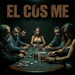 A gritty scene depicting a group of friends with rough appearances—ex-convicts, an alcoholic, a tough character hinting at a violent past, a person showing signs of substance use, and a charming thief—gathered around a poker table