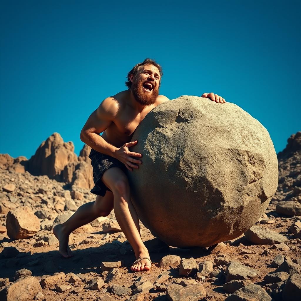 Sisyphus, depicted as a strong, muscular figure with a determined expression, laughing heartily as he pushes a massive boulder uphill
