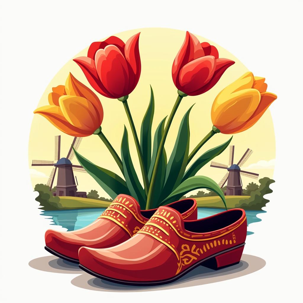 A logo design that incorporates traditional Dutch attributes, featuring vibrant red and yellow tulips elegantly arranged with a pair of classic Dutch clogs in the foreground