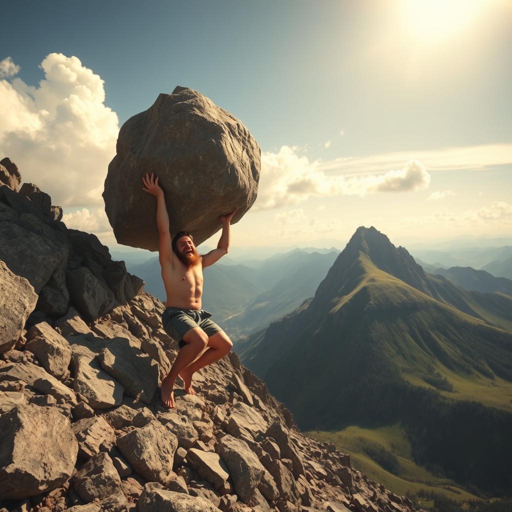A surreal interpretation of Sisyphus, joyfully laughing as he lifts a massive boulder up a steep, rocky mountain