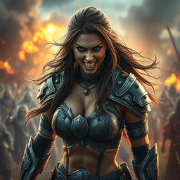 A high-quality, photo-realistic depiction of a fierce armored warrior woman, her expression displaying anger with teeth bared