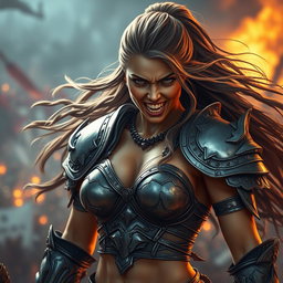 A high-quality, photo-realistic depiction of a fierce armored warrior woman, her expression displaying anger with teeth bared