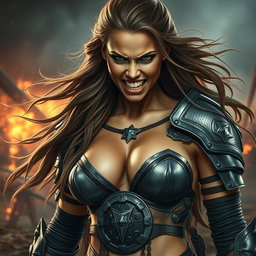 A high-quality, photo-realistic depiction of a fierce armored warrior woman, her expression displaying anger with teeth bared