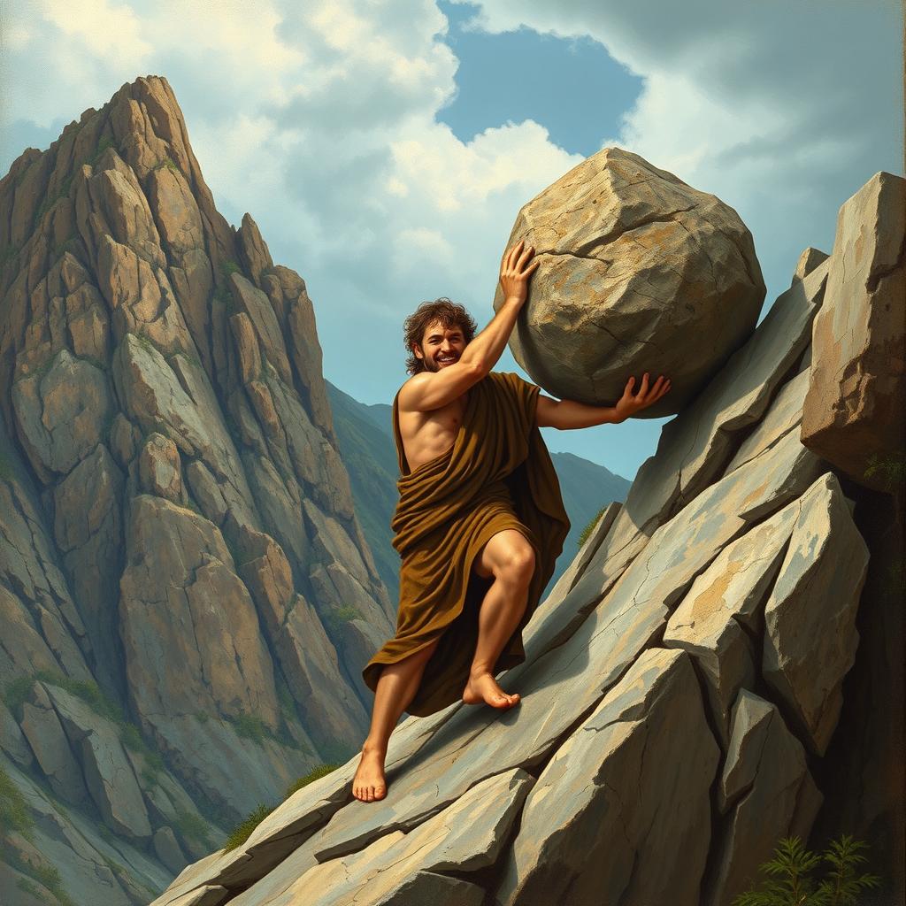 Sisyphus, the mythological figure, depicted in a medieval painting style, joyfully lifting a large, heavy rock as he ascends the steep slope of a rugged mountain