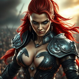 A high-quality, photo-realistic image of a fierce armored warrior woman with striking red hair, her expression angry and determined