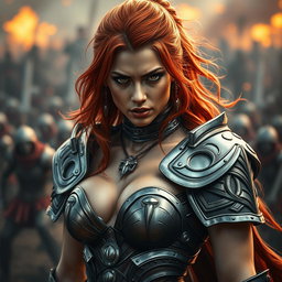 A high-quality, photo-realistic image of a fierce armored warrior woman with striking red hair, her expression angry and determined