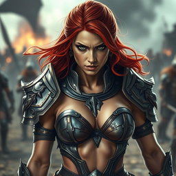 A high-quality, photo-realistic image of a fierce armored warrior woman with striking red hair, her expression angry and determined