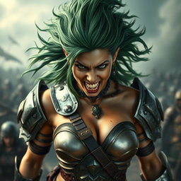 A high-quality, photo-realistic image of a fierce armored warrior woman with wild green hair, her face radiating anger with teeth bared