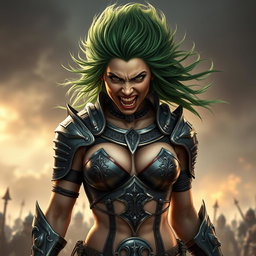 A high-quality, photo-realistic image of a fierce armored warrior woman with wild green hair, her face radiating anger with teeth bared